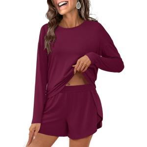 image:imageANRABESS Womens Long Sleeve Pajama Sets 2026 Fall 2 Piece Outfits Lounge Matching Short Set Striped Pjs Loungewear SleepwearBurgundy