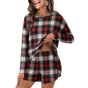 image:imageANRABESS Womens Long Sleeve Pajama Sets 2026 Fall 2 Piece Outfits Lounge Matching Short Set Striped Pjs Loungewear SleepwearHaute Red