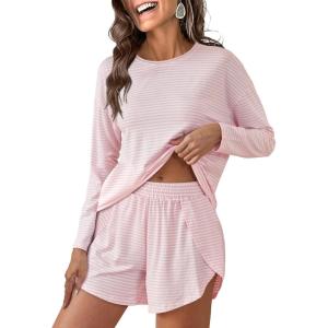 image:imageANRABESS Womens Long Sleeve Pajama Sets 2026 Fall 2 Piece Outfits Lounge Matching Short Set Striped Pjs Loungewear SleepwearPink White
