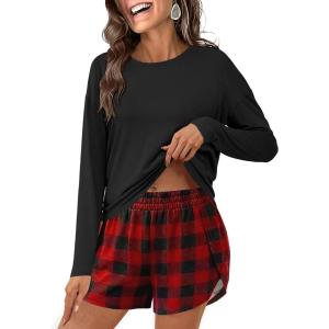image:imageANRABESS Womens Long Sleeve Pajama Sets 2026 Fall 2 Piece Outfits Lounge Matching Short Set Striped Pjs Loungewear SleepwearRed Plaid