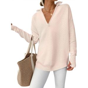 image:imageANRABESS Womens Long Sleeve Quarter Zip Pullover Sweater Casual Loose V Neck Collared Ribbed Knit Jumper Tops Thumb HoleAlmond