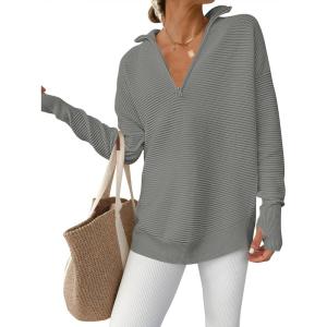 image:imageANRABESS Womens Long Sleeve Quarter Zip Pullover Sweater Casual Loose V Neck Collared Ribbed Knit Jumper Tops Thumb HoleArmy Green