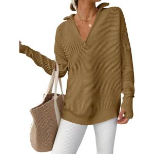 image:imageANRABESS Womens Long Sleeve Quarter Zip Pullover Sweater Casual Loose V Neck Collared Ribbed Knit Jumper Tops Thumb HoleBrown