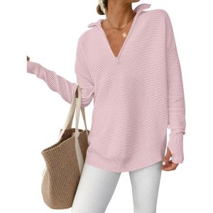 image:imageANRABESS Womens Long Sleeve Quarter Zip Pullover Sweater Casual Loose V Neck Collared Ribbed Knit Jumper Tops Thumb HolePink