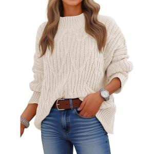 image:imageANRABESS Womens Mock Turtle Neck Sweaters Cable Knit Long Sleeve 2026 Fall Winter Tunic SweaterBeige