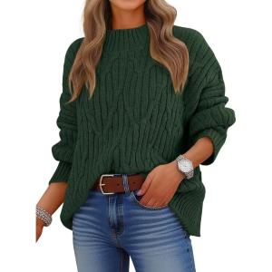 image:imageANRABESS Womens Mock Turtle Neck Sweaters Cable Knit Long Sleeve 2026 Fall Winter Tunic SweaterDeep Green