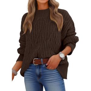 image:imageANRABESS Womens Mock Turtle Neck Sweaters Cable Knit Long Sleeve 2026 Fall Winter Tunic SweaterRed Brown