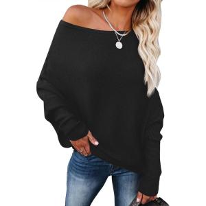 image:imageANRABESS Womens Off Shoulder Sweaters 2025 Fall Long Batwing Sleeve Loose Fit Knit Tops Casual Pullovers JumpersBlack