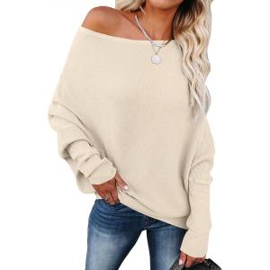 image:imageANRABESS Womens Off Shoulder Sweaters 2025 Fall Long Batwing Sleeve Loose Fit Knit Tops Casual Pullovers JumpersParchment