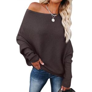 image:imageANRABESS Womens Off Shoulder Sweaters 2025 Fall Long Batwing Sleeve Loose Fit Knit Tops Casual Pullovers JumpersRed Coffee