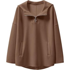 image:imageANRABESS Womens Oversized Hoodie Quarter Zip Sweatshirts 2025 Fall Winter Tunic Pullover Top Trendy Teen Girls Preppy ClothesBrown