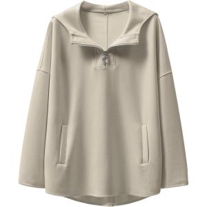 image:imageANRABESS Womens Oversized Hoodie Quarter Zip Sweatshirts 2025 Fall Winter Tunic Pullover Top Trendy Teen Girls Preppy ClothesLight Khaki