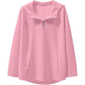 image:imageANRABESS Womens Oversized Hoodie Quarter Zip Sweatshirts 2025 Fall Winter Tunic Pullover Top Trendy Teen Girls Preppy ClothesLight Pink