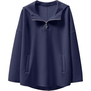 image:imageANRABESS Womens Oversized Hoodie Quarter Zip Sweatshirts 2025 Fall Winter Tunic Pullover Top Trendy Teen Girls Preppy ClothesNavy Blue