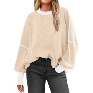 image:imageANRABESS Womens Oversized Sweaters Fall 2025 Fashion Crewneck Batwing Long Sleeve Side Slit Knit Pullover Sweater Tops Yellow BeigeM