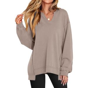 image:imageANRABESS Womens Oversized Sweatshirts Long Sleeve Tunic Shirts V Neck Loose Pullover Tops 2026 Spring Teen Girls OutfitDark Khaki