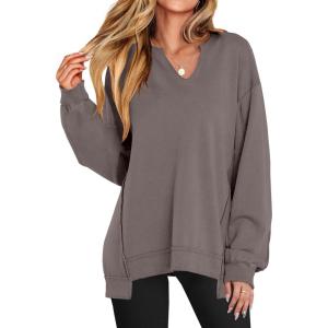 image:imageANRABESS Womens Oversized Sweatshirts Long Sleeve Tunic Shirts V Neck Loose Pullover Tops 2026 Spring Teen Girls OutfitLight Brown