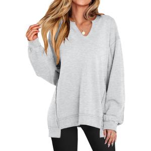 image:imageANRABESS Womens Oversized Sweatshirts Long Sleeve Tunic Shirts V Neck Loose Pullover Tops 2026 Spring Teen Girls OutfitLight Grey