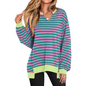 image:imageANRABESS Womens Oversized Sweatshirts Long Sleeve Tunic Shirts V Neck Loose Pullover Tops 2026 Spring Teen Girls OutfitPink Green