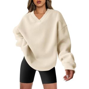 image:imageANRABESS Womens Oversized V Neck Sweatshirt Fleece Long Sleeve Hoodies Pullover Comfy Top 2026 Outfits Teen Preppy ClothesBeige