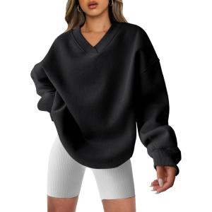 image:imageANRABESS Womens Oversized V Neck Sweatshirt Fleece Long Sleeve Hoodies Pullover Comfy Top 2026 Outfits Teen Preppy ClothesBlack