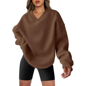 image:imageANRABESS Womens Oversized V Neck Sweatshirt Fleece Long Sleeve Hoodies Pullover Comfy Top 2026 Outfits Teen Preppy ClothesCoffee
