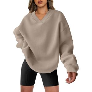 image:imageANRABESS Womens Oversized V Neck Sweatshirt Fleece Long Sleeve Hoodies Pullover Comfy Top 2026 Outfits Teen Preppy ClothesLight Brown
