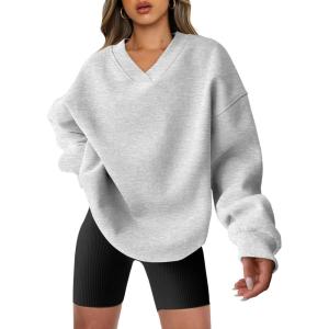 image:imageANRABESS Womens Oversized V Neck Sweatshirt Fleece Long Sleeve Hoodies Pullover Comfy Top 2026 Outfits Teen Preppy ClothesLight Gray
