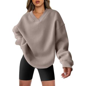 image:imageANRABESS Womens Oversized V Neck Sweatshirt Fleece Long Sleeve Hoodies Pullover Comfy Top 2026 Outfits Teen Preppy ClothesLight Khaki