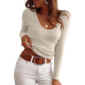 image:imageANRABESS Womens Ribbed Fitted Sweater Long Sleeve Shirts Scoop Neck Lightweight Casual Knit Slim Tops 2025 Fall OutfitsBeige