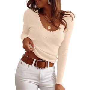 image:imageANRABESS Womens Ribbed Fitted Sweater Long Sleeve Shirts Scoop Neck Lightweight Casual Knit Slim Tops 2025 Fall OutfitsParchment