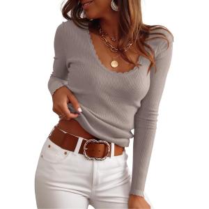 image:imageANRABESS Womens Ribbed Fitted Sweater Long Sleeve Shirts Scoop Neck Lightweight Casual Knit Slim Tops 2025 Fall OutfitsPurple Taupe