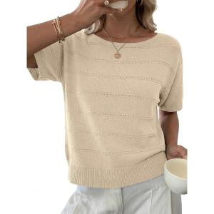 image:imageANRABESS Womens Short Sleeve Sweater Crochet Boat Neck Lightweight Business Casual Tops 2026 Summer Beach Vacation ClothesBeige