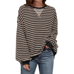 image:imageANRABESS Womens Striped Oversized Sweatshirts Crew Neck Long Sleeve Shirts Soft Color Block Pullover Top Fashion ClothingBlack Grey