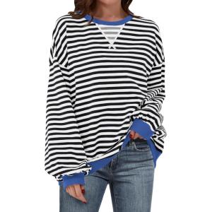 image:imageANRABESS Womens Striped Oversized Sweatshirts Crew Neck Long Sleeve Shirts Soft Color Block Pullover Top Fashion ClothingBlack White