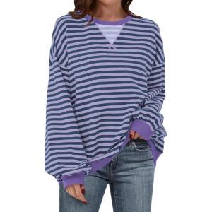 image:imageANRABESS Womens Striped Oversized Sweatshirts Crew Neck Long Sleeve Shirts Soft Color Block Pullover Top Fashion ClothingBlue Purple