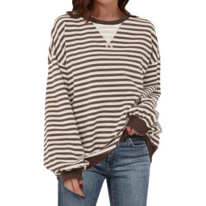 image:imageANRABESS Womens Striped Oversized Sweatshirts Crew Neck Long Sleeve Shirts Soft Color Block Pullover Top Fashion ClothingBrown White