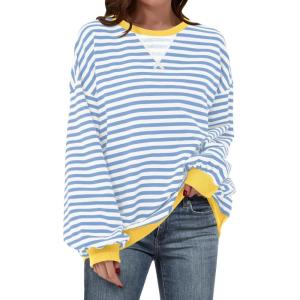 image:imageANRABESS Womens Striped Oversized Sweatshirts Crew Neck Long Sleeve Shirts Soft Color Block Pullover Top Fashion ClothingBule White