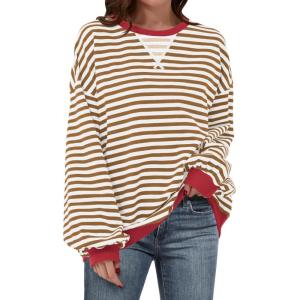 image:imageANRABESS Womens Striped Oversized Sweatshirts Crew Neck Long Sleeve Shirts Soft Color Block Pullover Top Fashion ClothingCaramel White