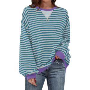 image:imageANRABESS Womens Striped Oversized Sweatshirts Crew Neck Long Sleeve Shirts Soft Color Block Pullover Top Fashion ClothingGreen Grey