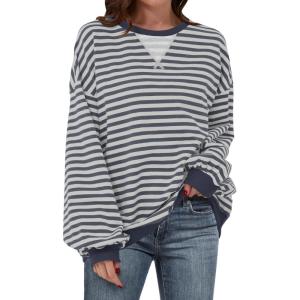 image:imageANRABESS Womens Striped Oversized Sweatshirts Crew Neck Long Sleeve Shirts Soft Color Block Pullover Top Fashion ClothingGrey Blue