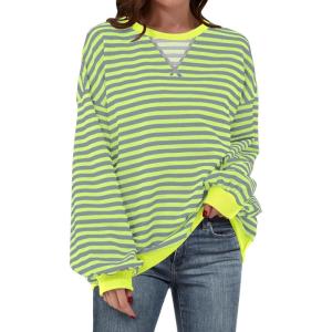 image:imageANRABESS Womens Striped Oversized Sweatshirts Crew Neck Long Sleeve Shirts Soft Color Block Pullover Top Fashion ClothingGrey Fluorescent Green