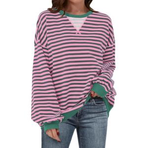 image:imageANRABESS Womens Striped Oversized Sweatshirts Crew Neck Long Sleeve Shirts Soft Color Block Pullover Top Fashion ClothingGrey Pink