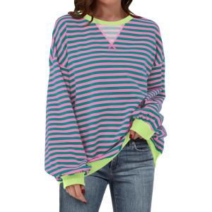 image:imageANRABESS Womens Striped Oversized Sweatshirts Crew Neck Long Sleeve Shirts Soft Color Block Pullover Top Fashion ClothingPink Green