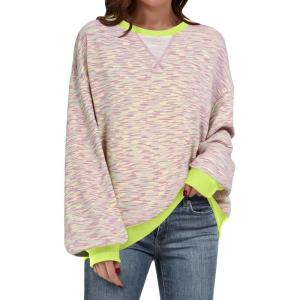 image:imageANRABESS Womens Striped Oversized Sweatshirts Crew Neck Long Sleeve Shirts Soft Color Block Pullover Top Fashion ClothingPink Green Yellow Stripe