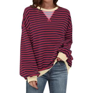 image:imageANRABESS Womens Striped Oversized Sweatshirts Crew Neck Long Sleeve Shirts Soft Color Block Pullover Top Fashion ClothingRed Blue