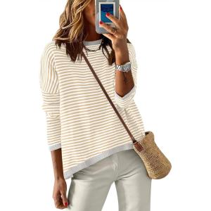 image:imageANRABESS Womens Striped Sweaters Long Sleeve Top Crewneck Color Block Casual Loose Knitted Pullover Shirts 2025 Fall OutfitsApricot White Grey
