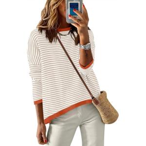 image:imageANRABESS Womens Striped Sweaters Long Sleeve Top Crewneck Color Block Casual Loose Knitted Pullover Shirts 2025 Fall OutfitsApricot White Orange