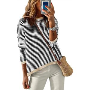 image:imageANRABESS Womens Striped Sweaters Long Sleeve Top Crewneck Color Block Casual Loose Knitted Pullover Shirts 2025 Fall OutfitsBlack White Apricot