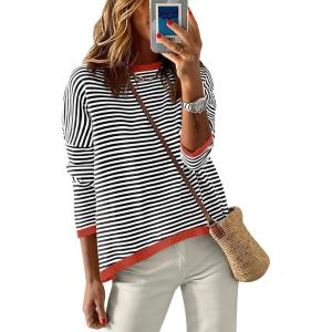 image:imageANRABESS Womens Striped Sweaters Long Sleeve Top Crewneck Color Block Casual Loose Knitted Pullover Shirts 2025 Fall OutfitsBlack White Orange